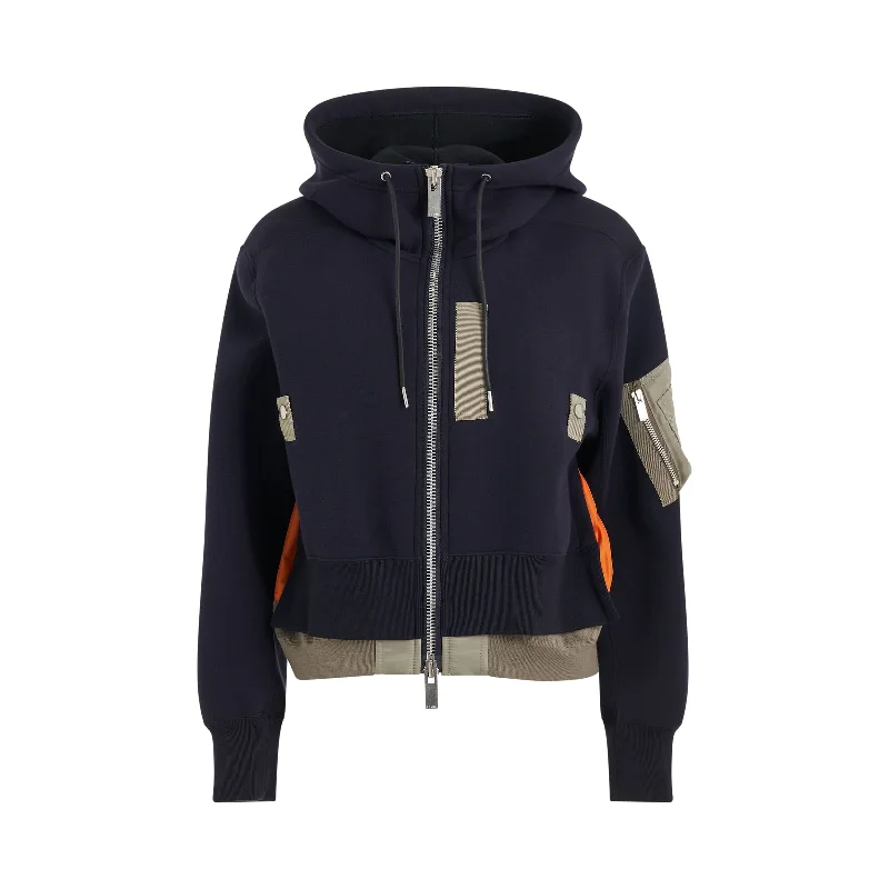 waxed hoodie men rugged -Sponge x Nylon Mix Zipped Hoodie in Navy/Khaki