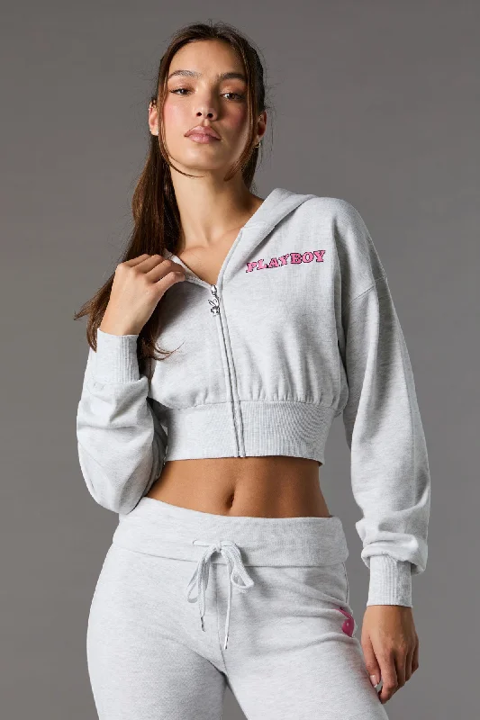 hoodie with ventilation panels -Playboy Graphic Cropped Zip-Up Fleece Hoodie