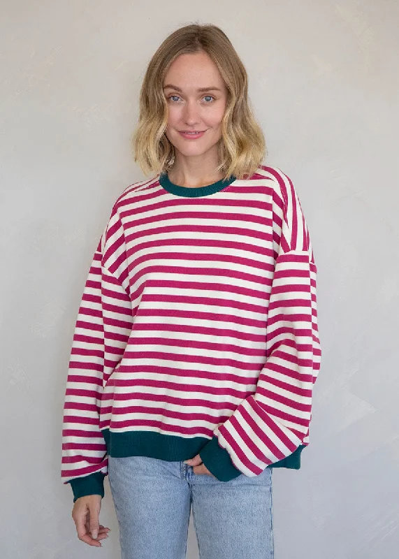 sweatshirts with gathered hem -Beck Stripe Color Contrast Sweatshirt - Magenta