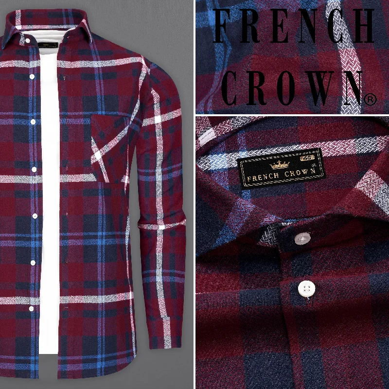 jacket with utility pockets -Metallic Maroon with Mariner Blue Checkered Herringbone Overshirt/Shacket