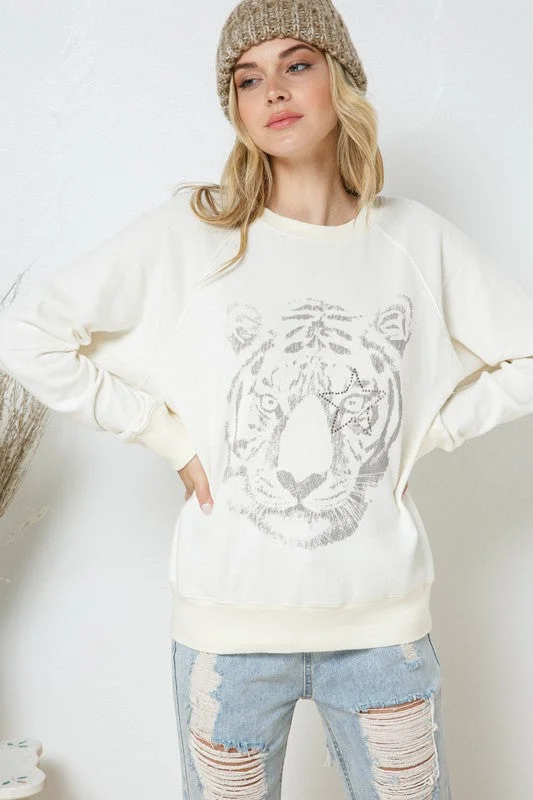 sweatshirts women rich olive -French Terry Tiger Studded Star Graphic Sweatshirt