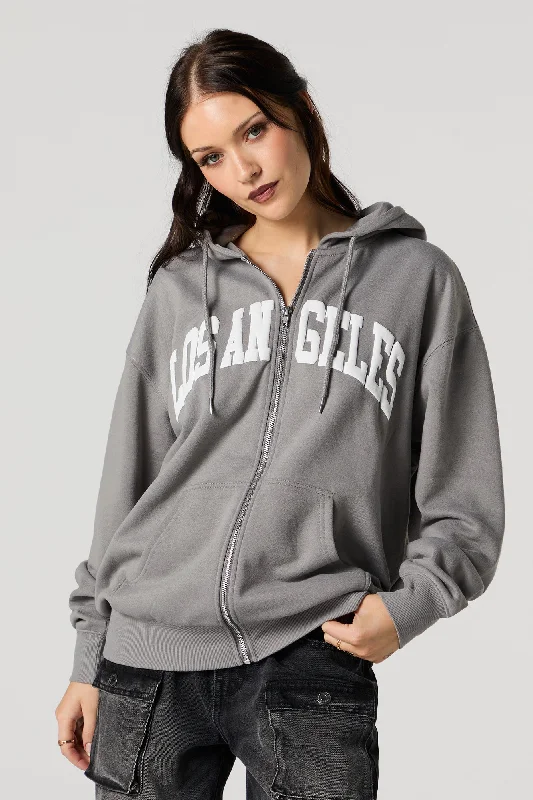 canvas hoodie durable wear -Oversized Puff Print Graphic Zip-Up Fleece Hoodie