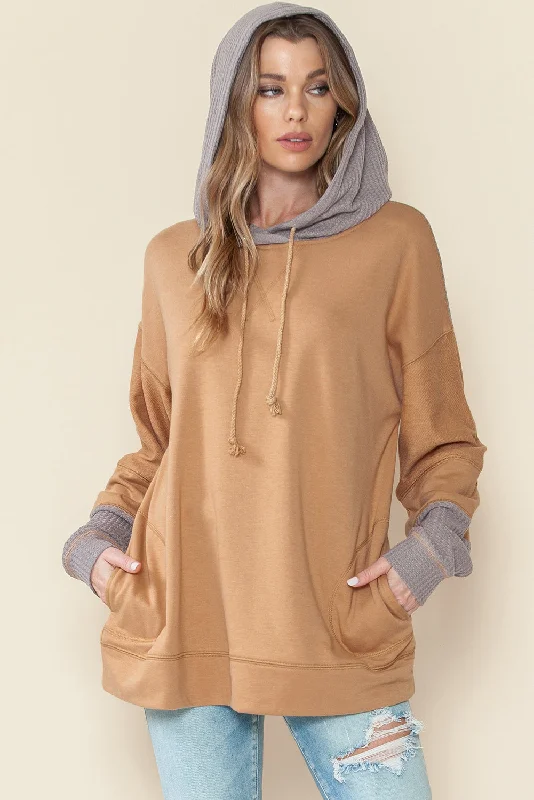 hoodie with satin hem -Khaki Gray Colorblock Side Pockets Drawstring Hoodie