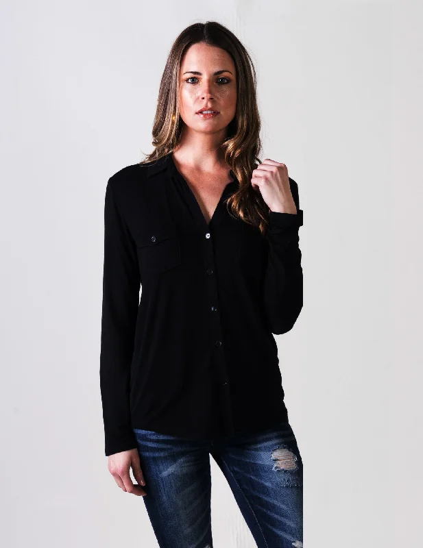 soft tailored shirts -Majestic Viscose Button Down Blouse in Noir