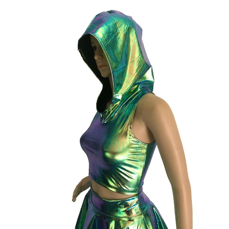 cropped hoodie casual vibe -Sleeveless Cropped Hoodie - Oil Slick Holographic