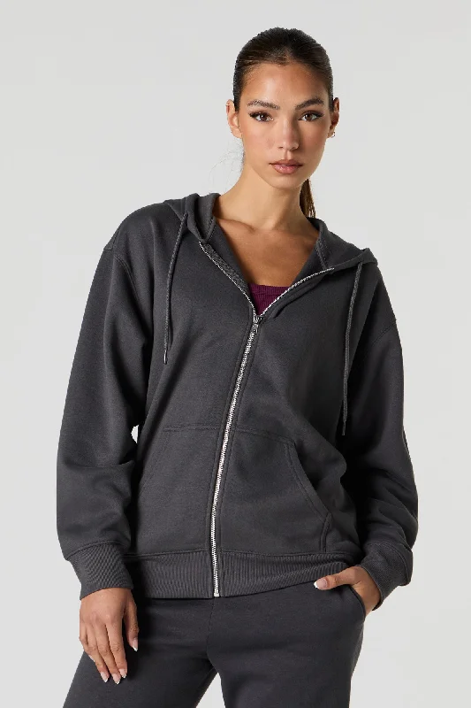 hoodie women asymmetrical hem -Soft Fleece Oversized Zip-Up Hoodie