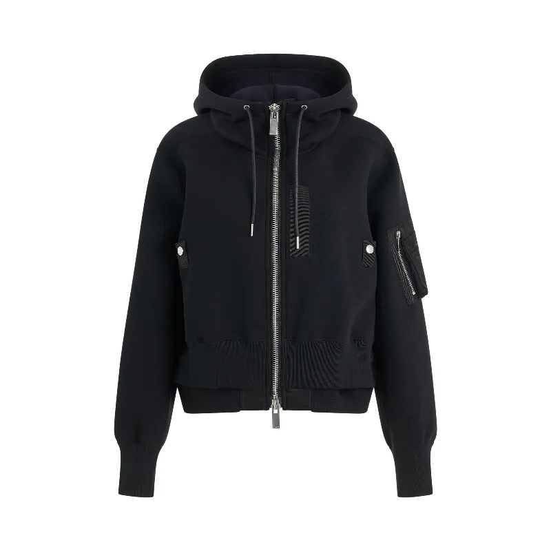 short hoodie sporty look -Sponge x Nylon Mix Zipped Hoodie in Black