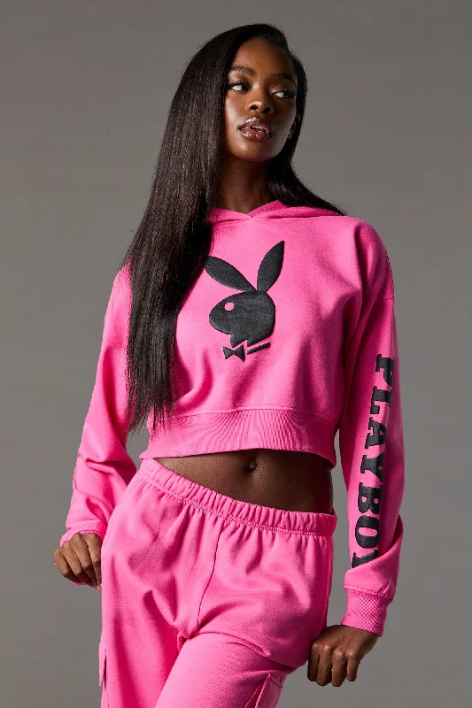 velvet hoodie plush comfort -Playboy Graphic Fleece Cropped Hoodie