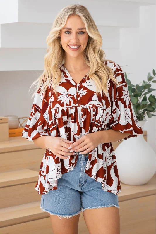 scarlet flowy blouses -Ellen Blouse Thessa Print Rust