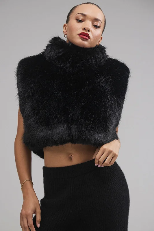 jacket with satin hem -Opulent Faux Fur Cropped Vest - Black