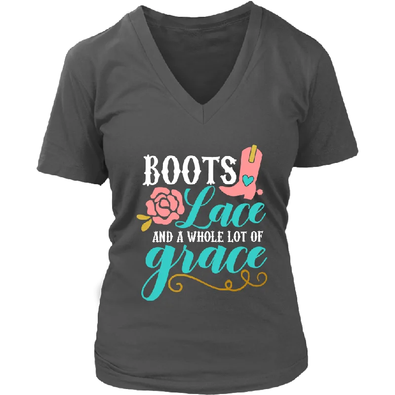 fern bold t-shirts -Boots, Lace and a Whole Lot of Grace Women's V-Neck T-Shirt