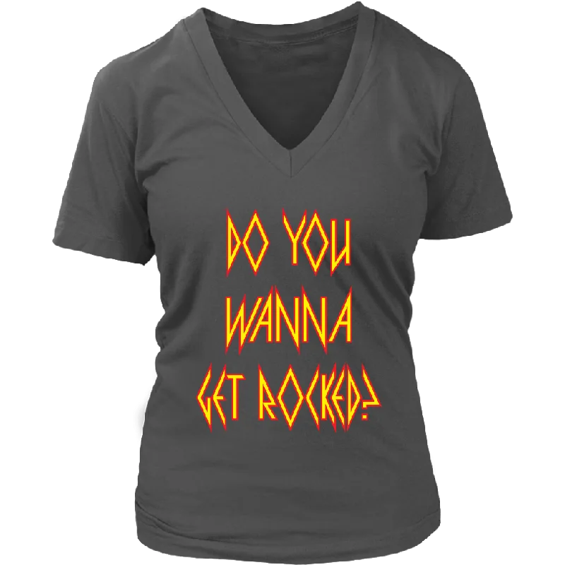 claret soft t-shirts -DO YOU WANNA GET ROCKED? Def Leppard Women's V-Neck T-Shirt