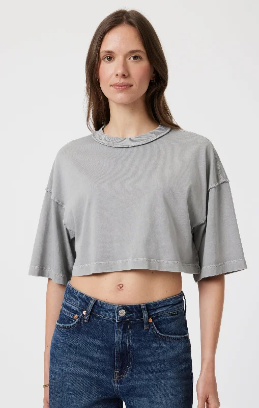 textured knit t-shirts -DROP SHOULDER CROPPED T-SHIRT IN MONUMENT