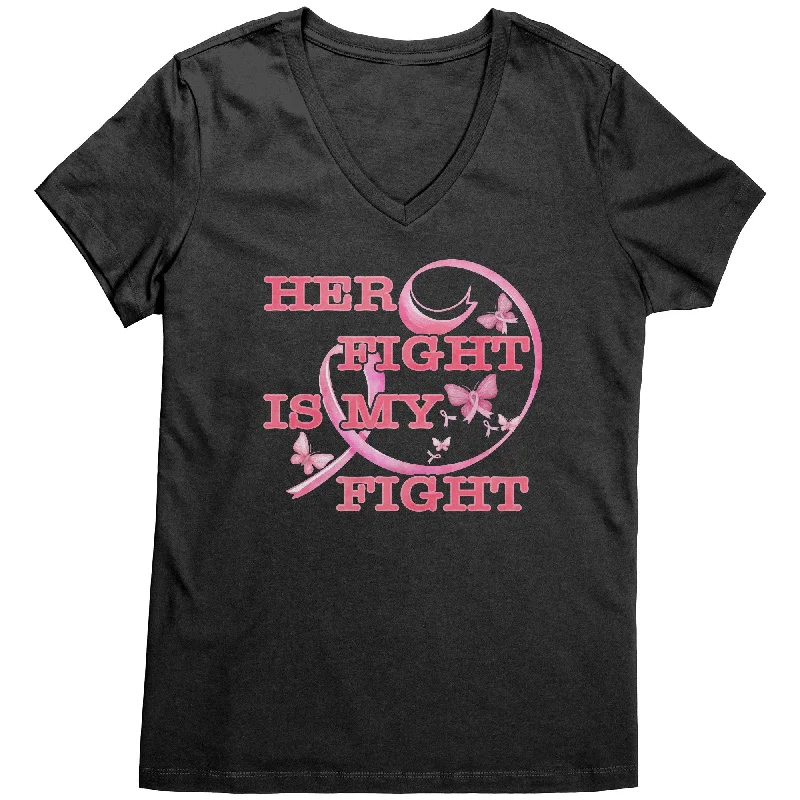 lilac soft t-shirts -Her Fight is My Fight Breast Cancer Awareness Women's V-Neck T-Shirt