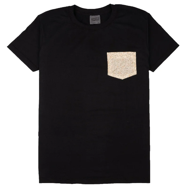 citron athletic t-shirts -Pocket Tee - Black- Bell Flowers - Cream