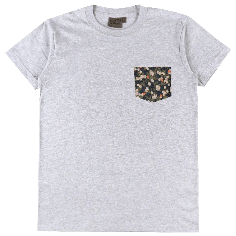 hemp fabric t-shirts -Pocket Tee - Heather Grey - Fruit Print - Navy