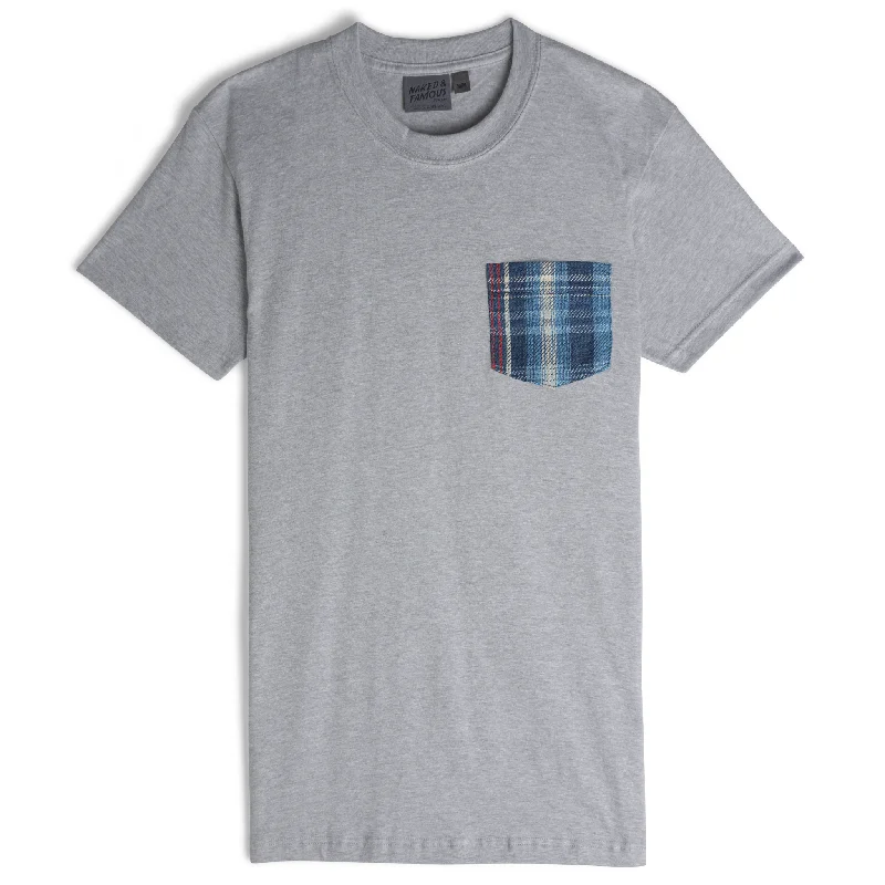 flowy fit t-shirts -Pocket Tee - Heather Grey - Indigo Retro Plaid - Indigo