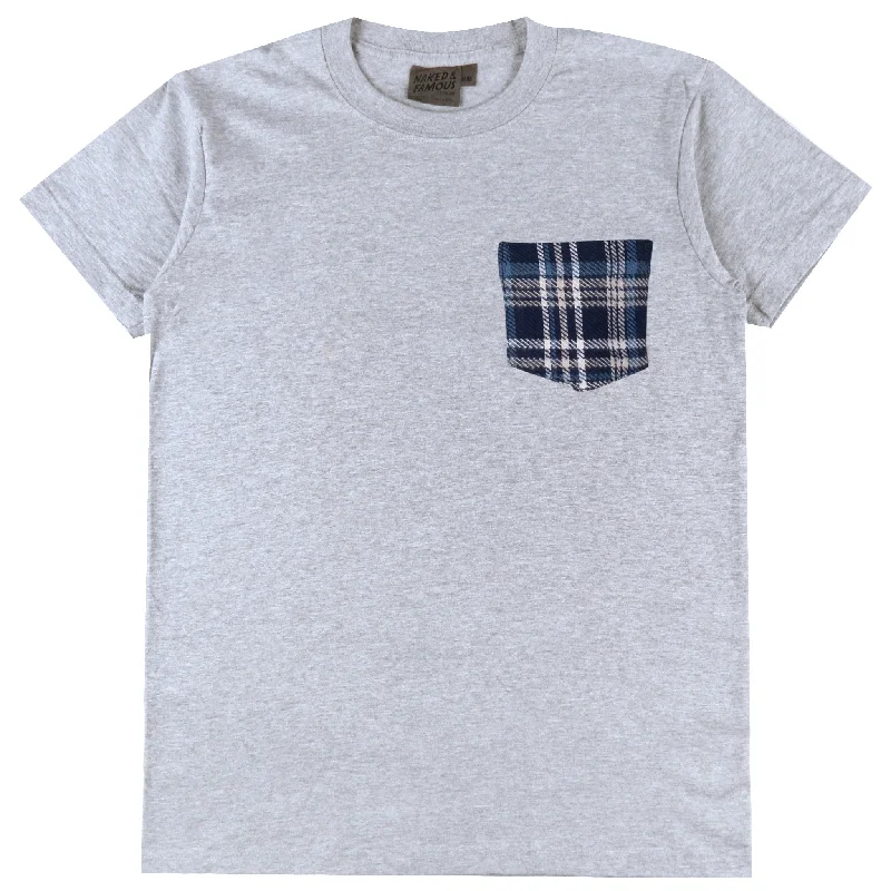 purl knit t-shirts -Pocket Tee - Heather Grey + Triple Yarn Twill Check Brush - Navy