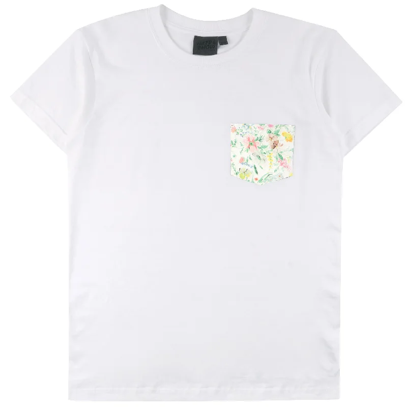 taupe casual t-shirts -Pocket Tee - White - Floral Painting - White