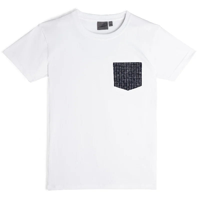 diagonal soft t-shirts -Pocket Tee - White + Kimono Print Basketweave