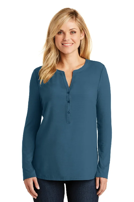 duo soft t-shirts -Port Authority Womens Concept Jersey Long Sleeve Henley T-Shirt - Dusty Blue