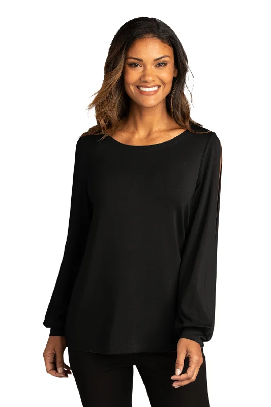 amber graphic t-shirts -Port Authority Womens Luxe Knit Long Sleeve Wide Neck T-Shirt - Deep Black