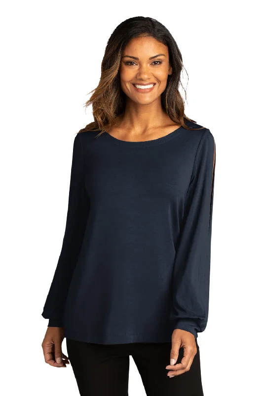 charcoal distressed t-shirts -Port Authority Womens Luxe Knit Long Sleeve Wide Neck T-Shirt - River Navy Blue