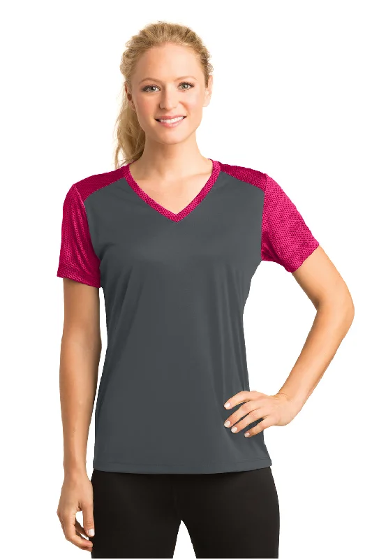 tan retro t-shirts -Sport-Tek Womens CamoHex Moisture Wicking Short Sleeve V-Neck T-Shirt - Iron Grey/Raspberry Pink - Closeout