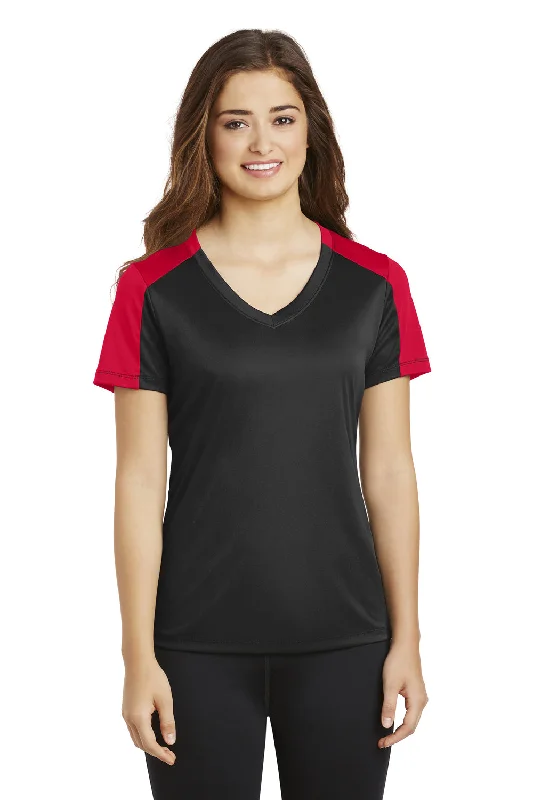 gathered cuff t-shirts -Sport-Tek Womens Competitor Moisture Wicking Short Sleeve V-Neck T-Shirt - Black/True Red - Closeout