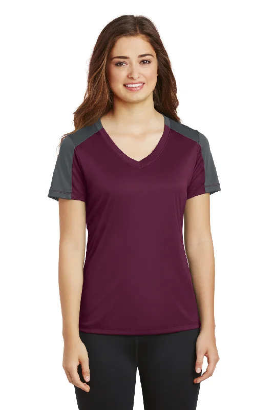 soft collar t-shirts -Sport-Tek Womens Competitor Moisture Wicking Short Sleeve V-Neck T-Shirt - Maroon/Iron Grey - Closeout