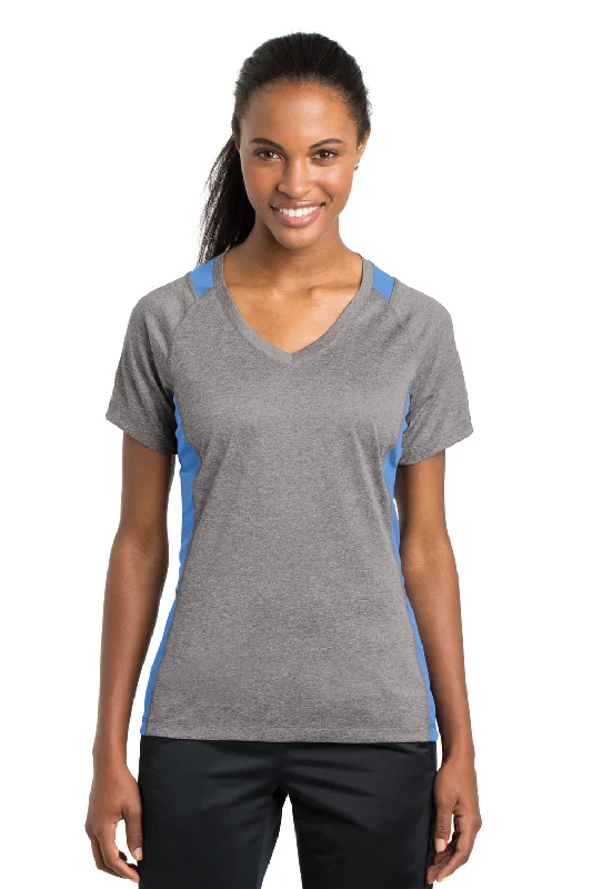 fitted contour t-shirts -Sport-Tek Womens Contender Heather Moisture Wicking Short Sleeve V-Neck T-Shirt - Heather Vintage Grey/Carolina Blue - Closeout