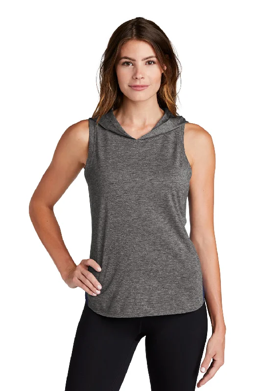 junior soft t-shirts -Sport-Tek Womens Draft Moisture Wicking Hooded Tank Top Hoodie - True Navy Blue/Heather Dark Grey