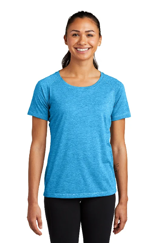 saffron spice t-shirts -Sport-Tek Womens Moisture Wicking Short Sleeve Scoop Neck T-Shirt - Heather Pond Blue