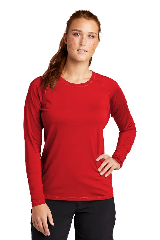 mesh panel t-shirts -Sport-Tek Womens Rashguard Moisture Wicking Long Sleeve Crewneck T-Shirt - True Red