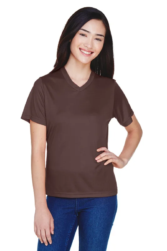 plum cropped t-shirts -Team 365 Womens Zone Performance Moisture Wicking Short Sleeve V-Neck T-Shirt - Dark Brown