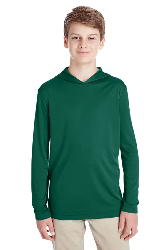 ash grey t-shirts -Team 365 Youth Zone Performance Moisture Wicking Long Sleeve Hooded T-Shirt Hoodie - Forest Green