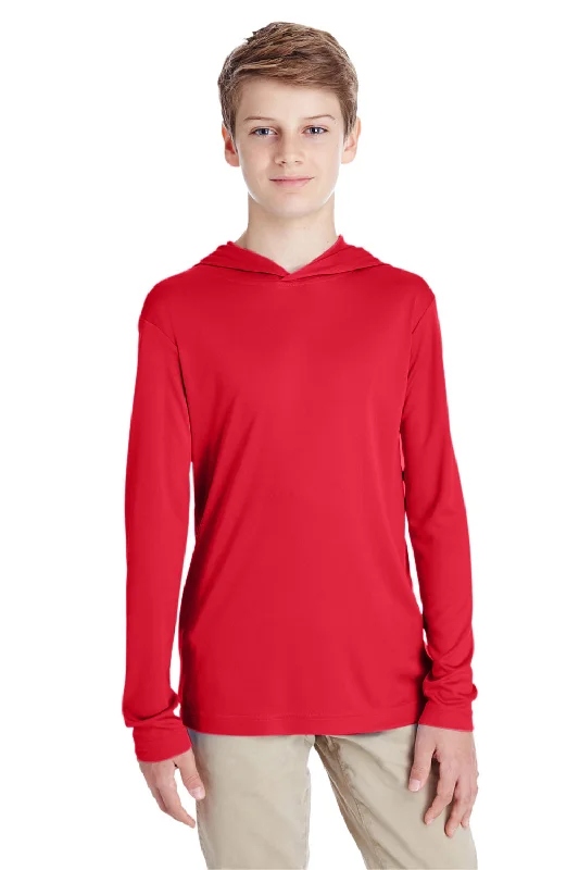 violet scoop neck t-shirts -Team 365 Youth Zone Performance Moisture Wicking Long Sleeve Hooded T-Shirt Hoodie - Red