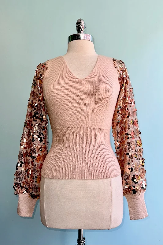 pullover sweater teens bold -Blush Sequin Sleeve Sweater