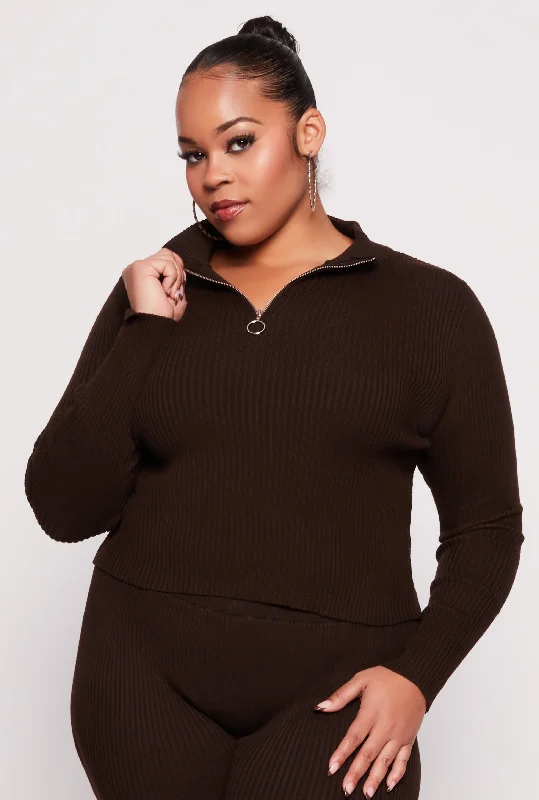 short pullover sweater urban -Plus Size Ribbed Knit Zip Neck Sweater