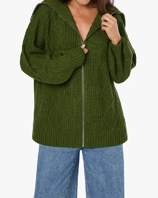 short cardigan sporty chic -Chunky Cable Knit Zip Up Sweater