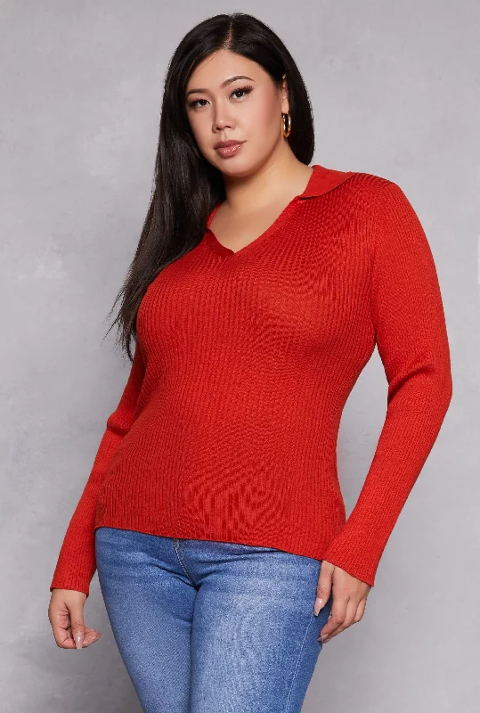 pullover sweater with crystals -Plus Size Johnny Collar Long Sleeve Sweater