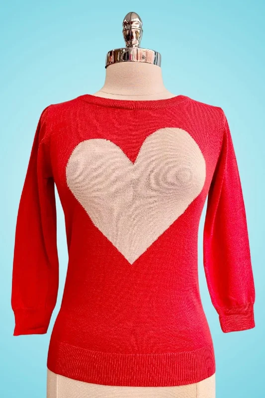 pullover sweater teens bright coral -Red & Cream Heart Pullover Sweater