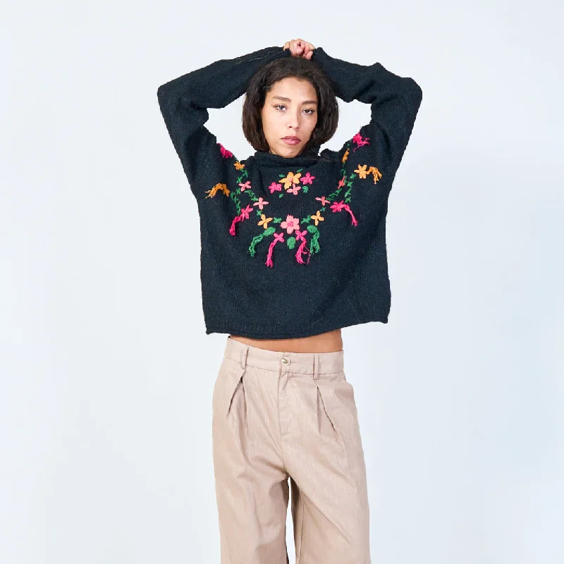 pullover sweater with ribbons -Floral embroidered turtleneck sweater wholesale