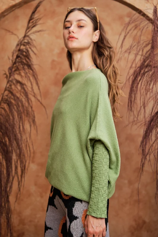 viscose pullover sweater drape -Green Slouchy Sweater with Long Cuffs