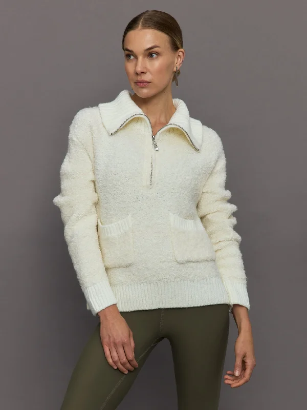 cable silk pullover sweater -Half Zip Boucle Pullover - Off  White