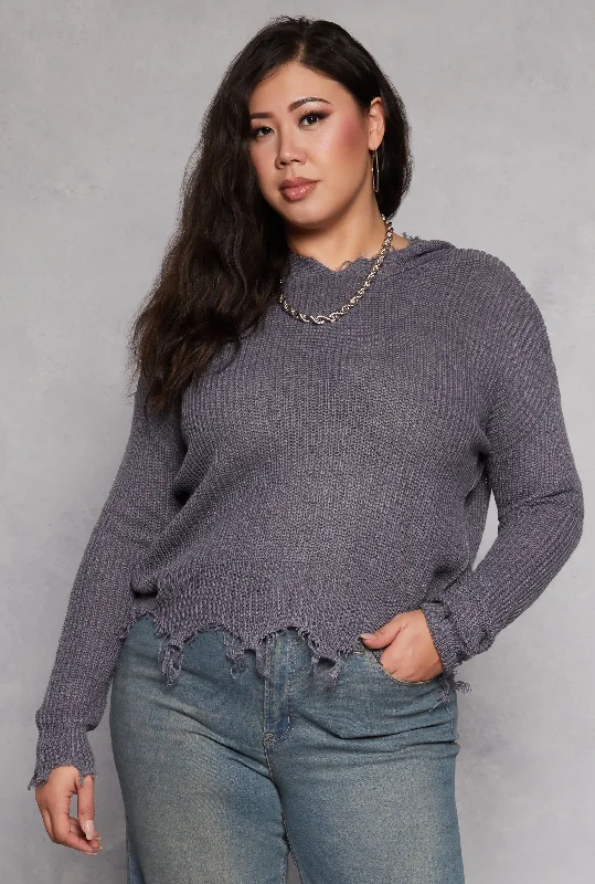 cable wool pullover sweater -Plus Size Distressed Pullover Hooded Sweater