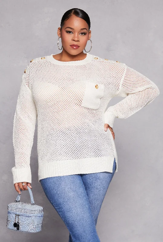 thick velvet pullover sweater -Plus Size Crochet Faux Button Detail Pocket Sweater