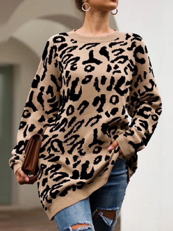 pullover sweater with ruching -Leopard Round Neck Tunic Sweater