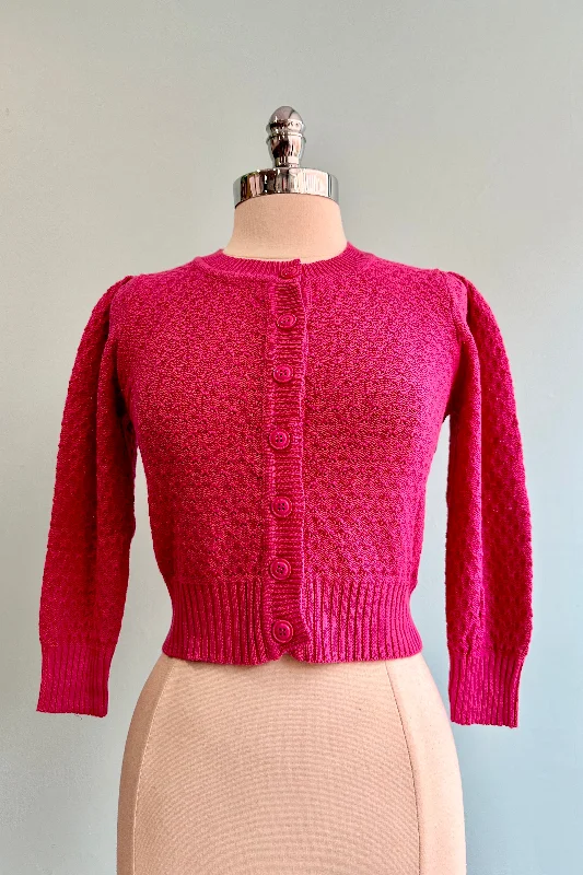 cardigan women asymmetrical cut -Magenta Puff Sleeve Cropped Cardigan