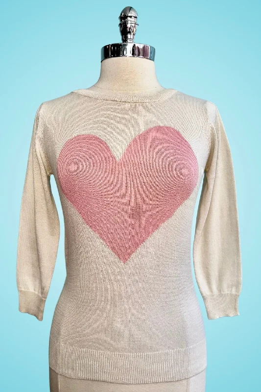 pullover sweater women soft peach -Oatmeal and Pink Heart Pullover Sweater